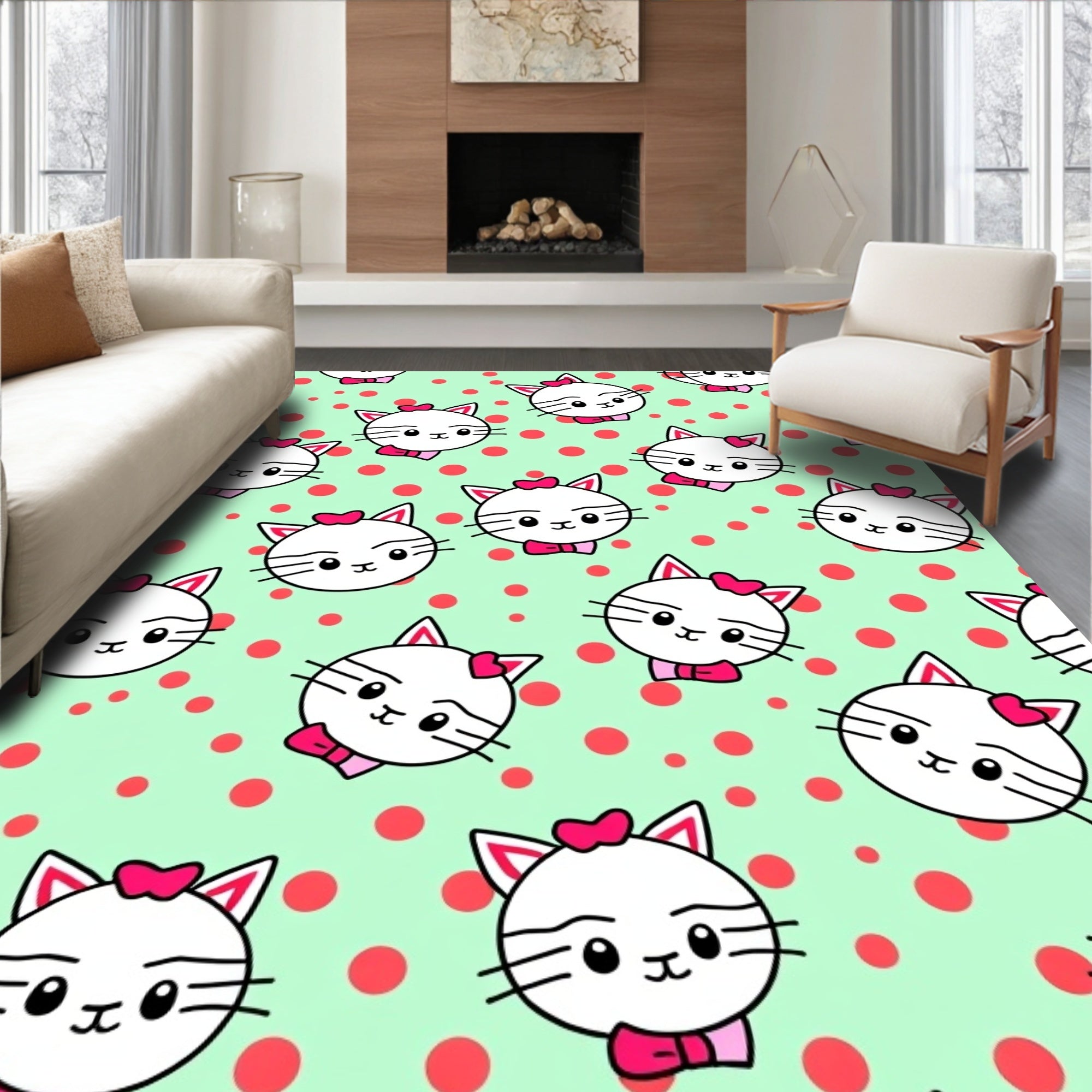 Cute White Kitty Polka Dot Rug
