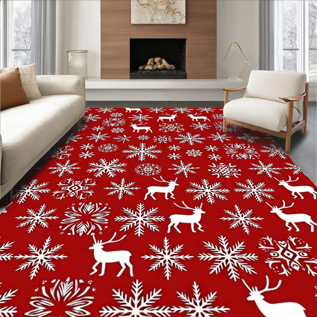 Red White Reindeer Snowflake Repeat Rug