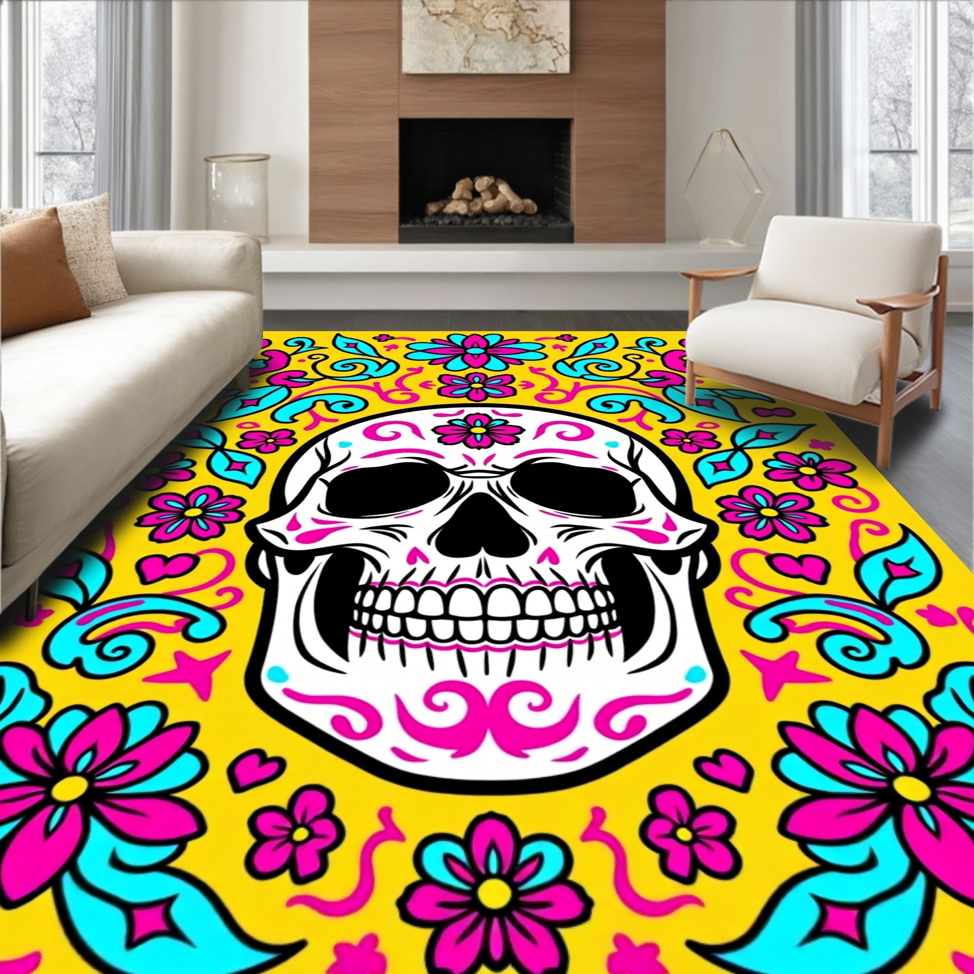 Vibrant Pink Teal Skull Floral Swirls Rug