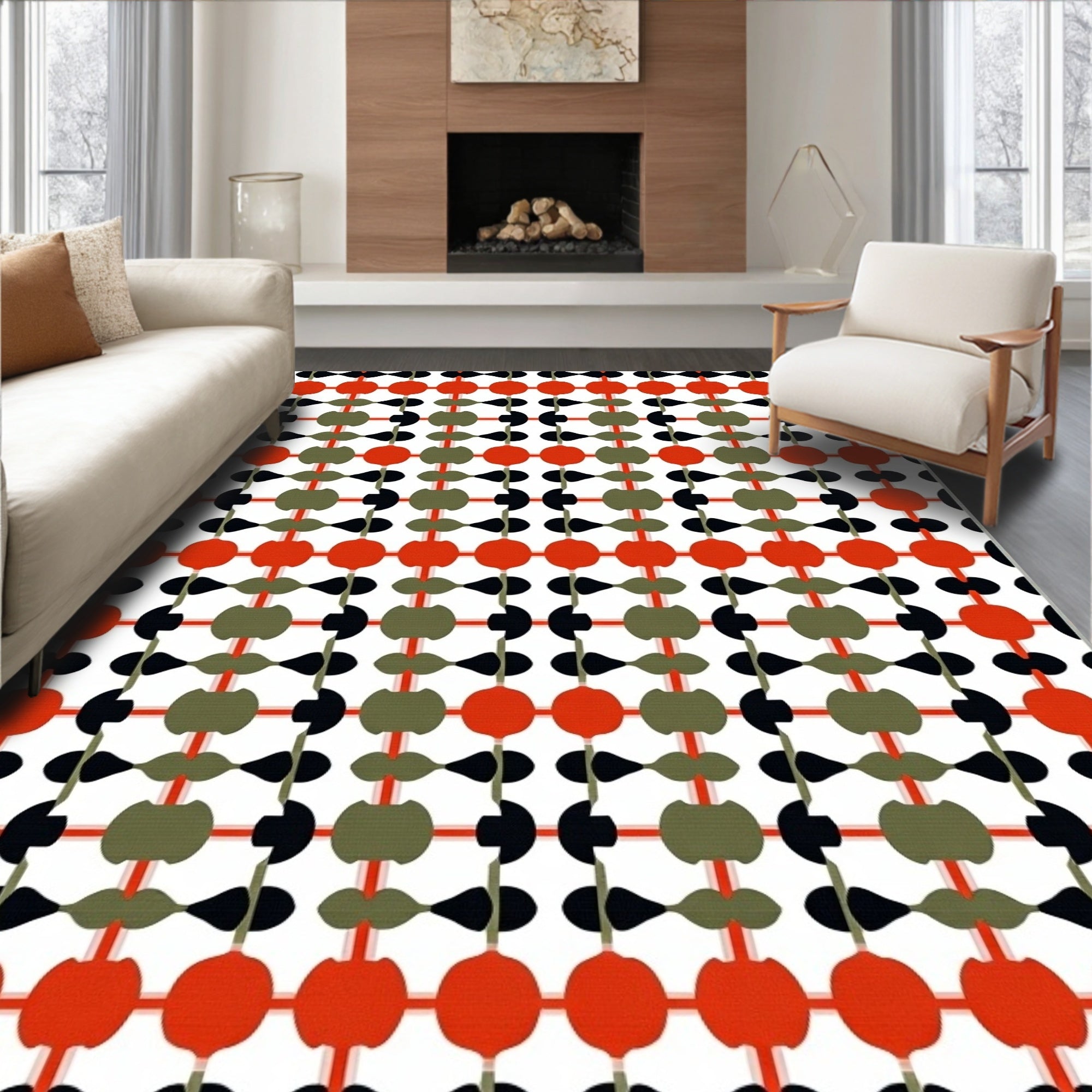 Retro Orange Olive Black Geometric Lattice Rug