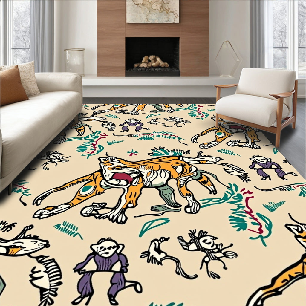 Whimsical Tiger And Monkey Meadow Rug