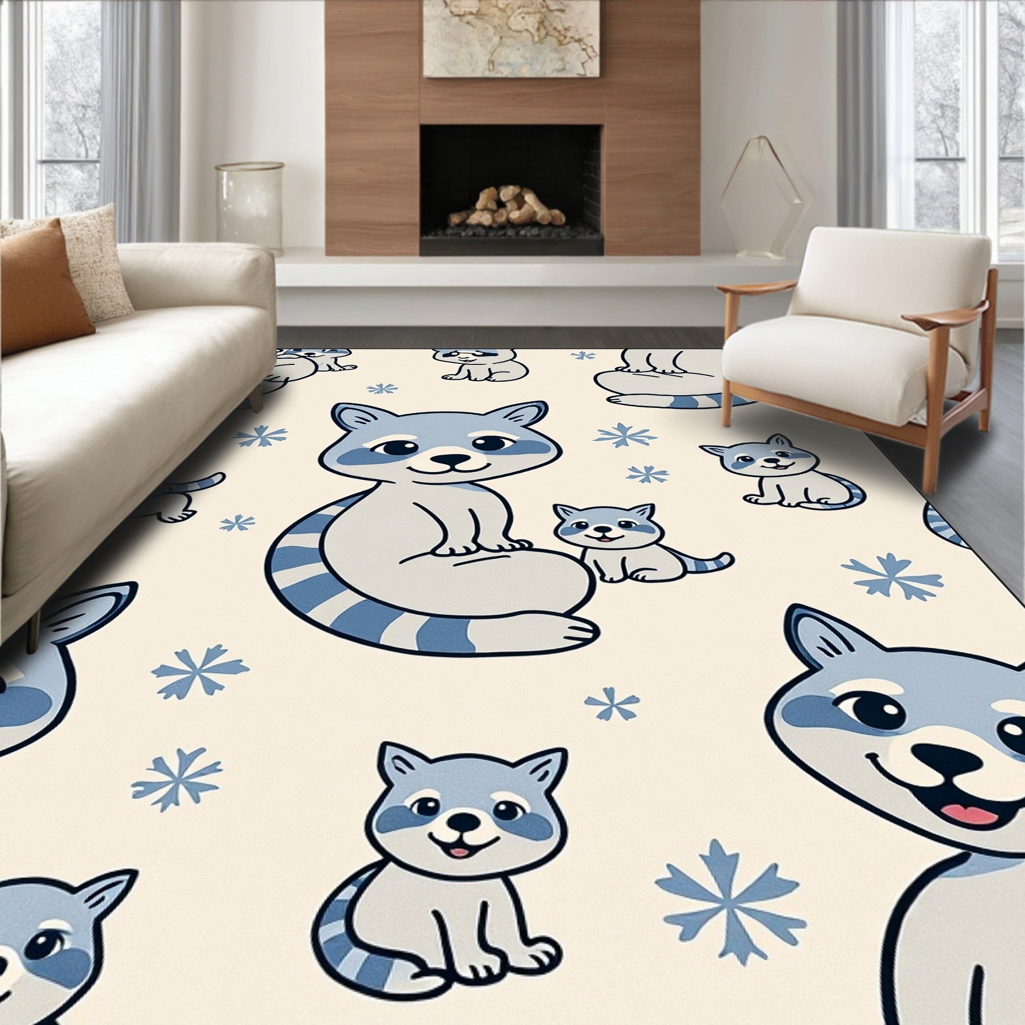 Cute Gray Raccoon Snowflakes Repeating Rug