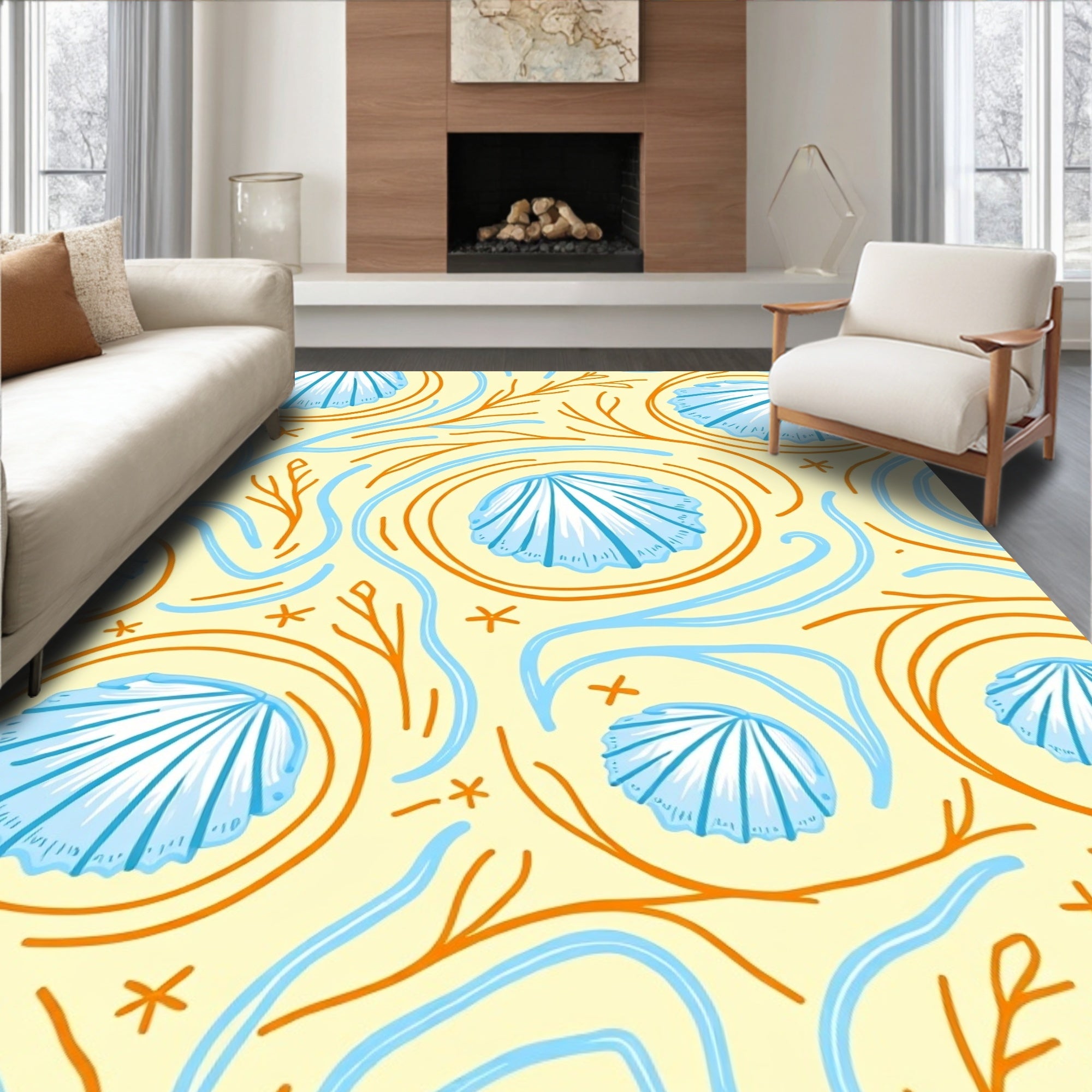 Coastal Blue Scallop Swirl Coral Rug