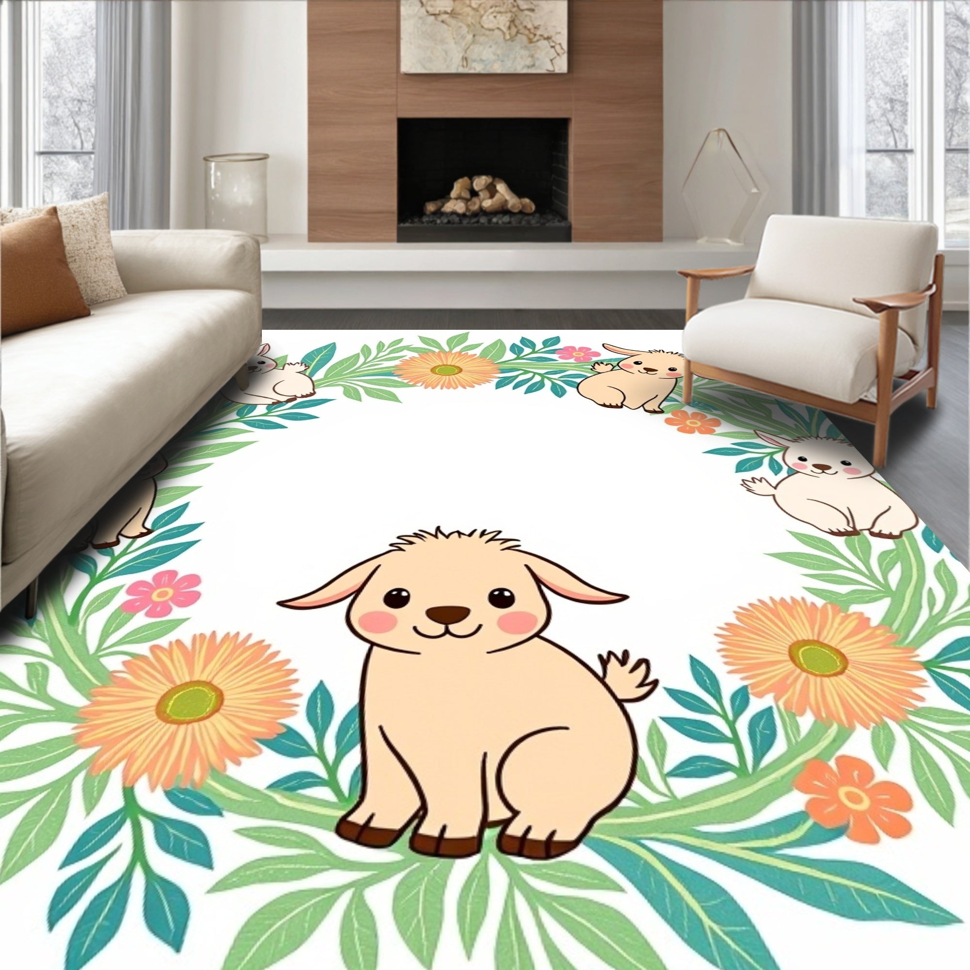 Whimsical Baby Goat Floral Wreath Rug
