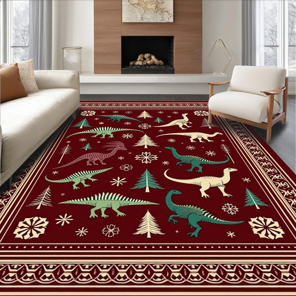 Crimson Festive Dinosaur Woodland Scene Rug