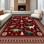 Crimson Festive Dinosaur Woodland Scene Rug