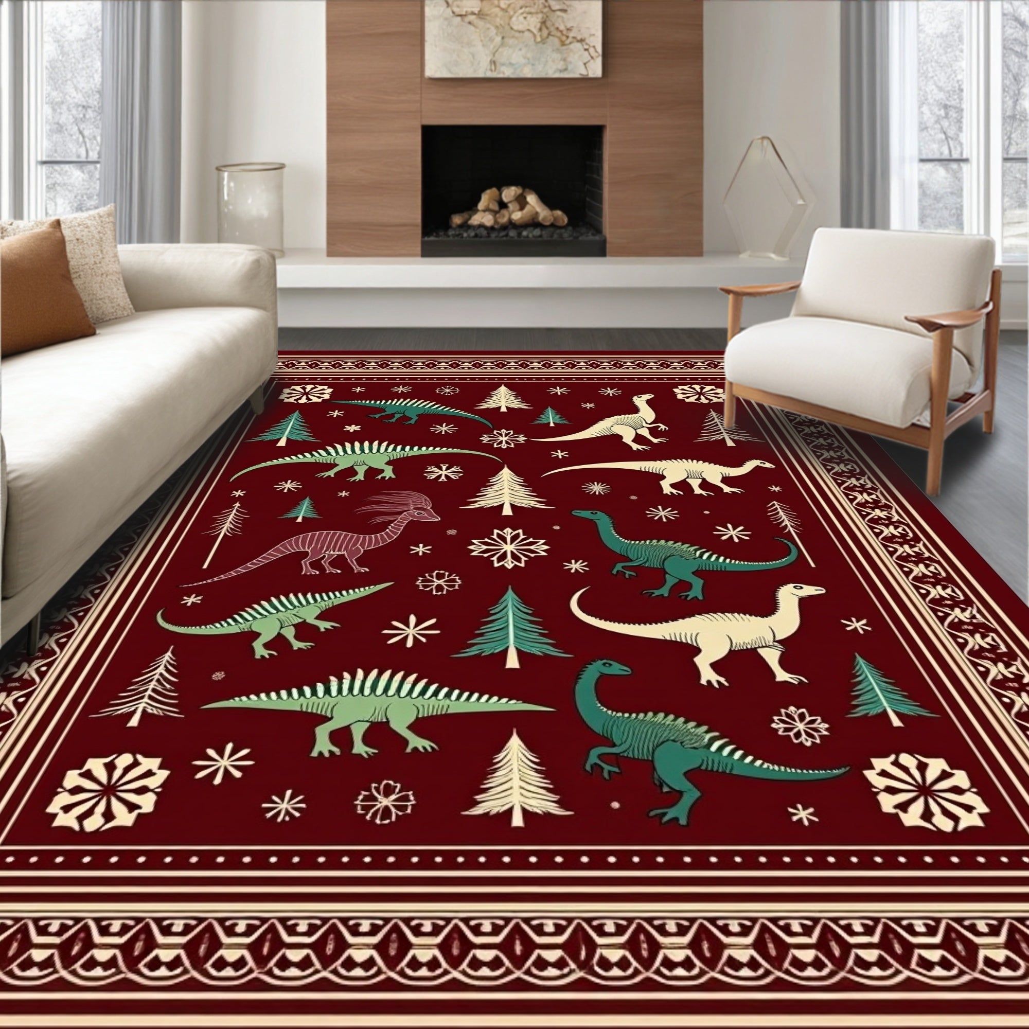 Crimson Festive Dinosaur Woodland Scene Rug