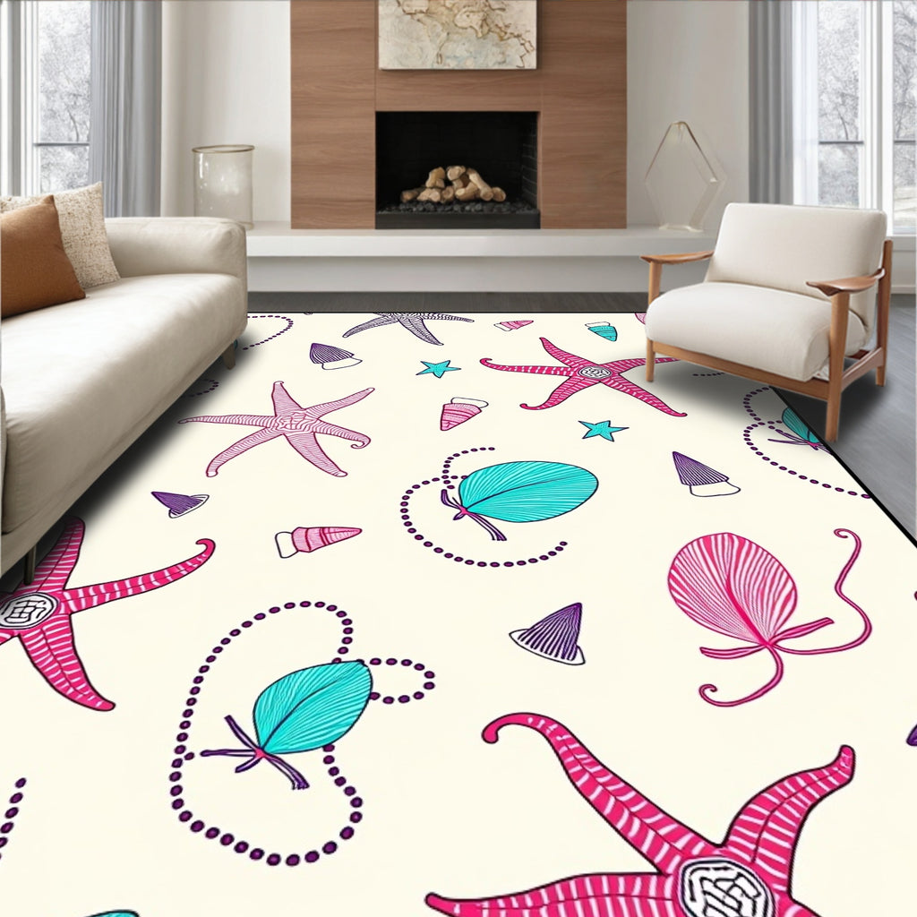 Crimson Pink Starfish Aqua Sea Shells Rug