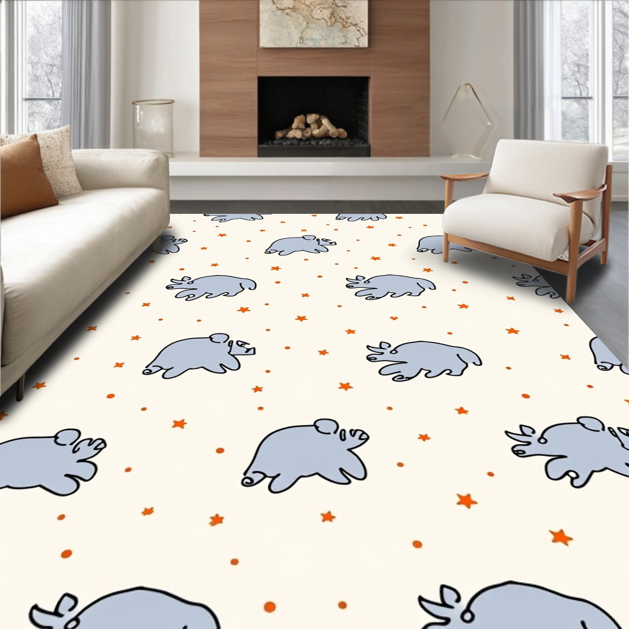 Whimsical Gray Rhino Starry Night Rug