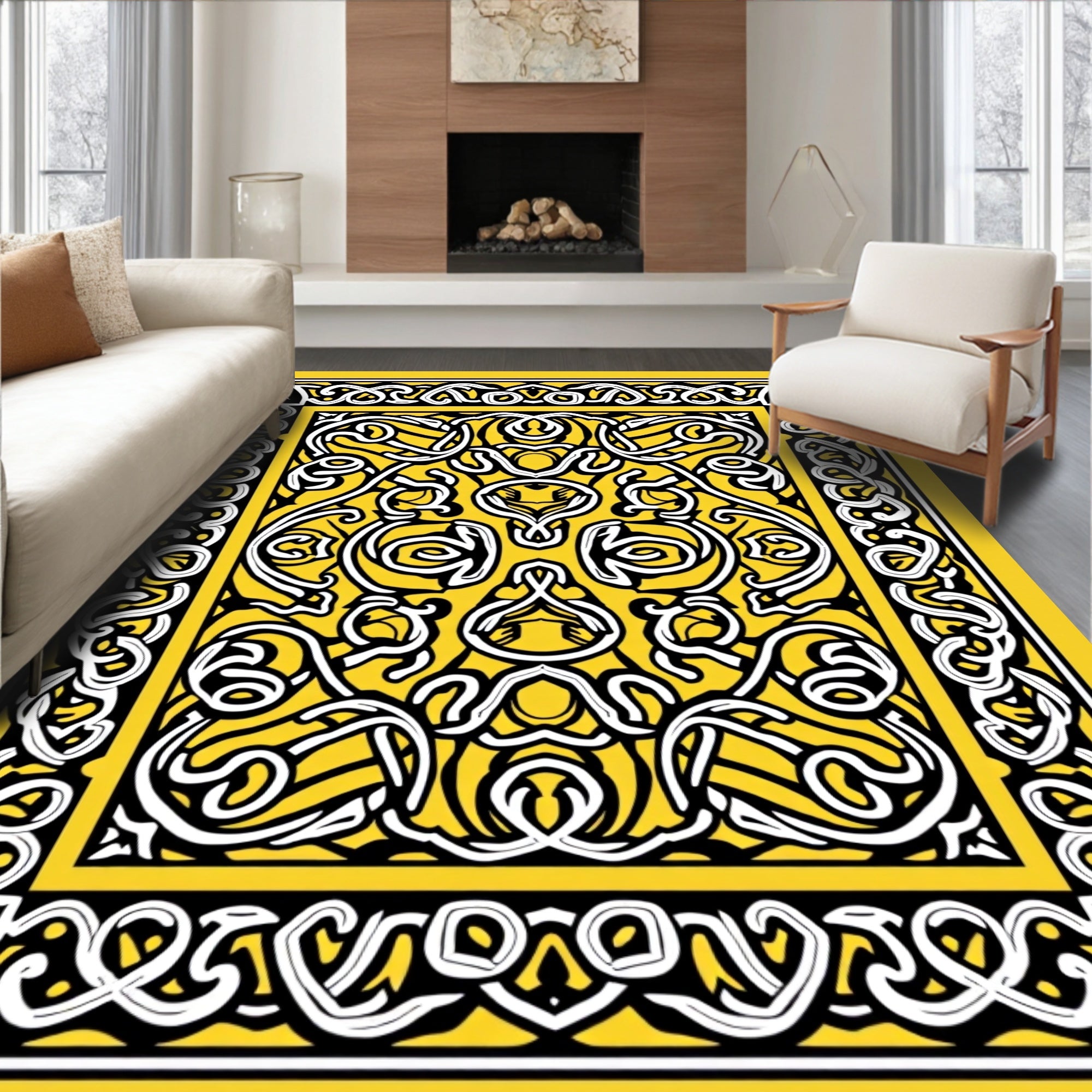 Intricate Yellow Knotwork Symmetry Rug