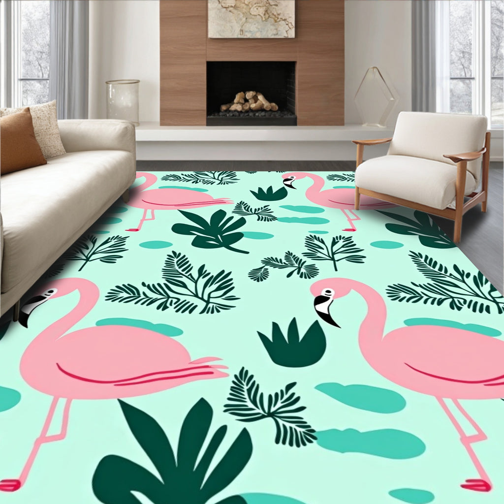 Playful Pink Flamingos Tropical Foliage Rug