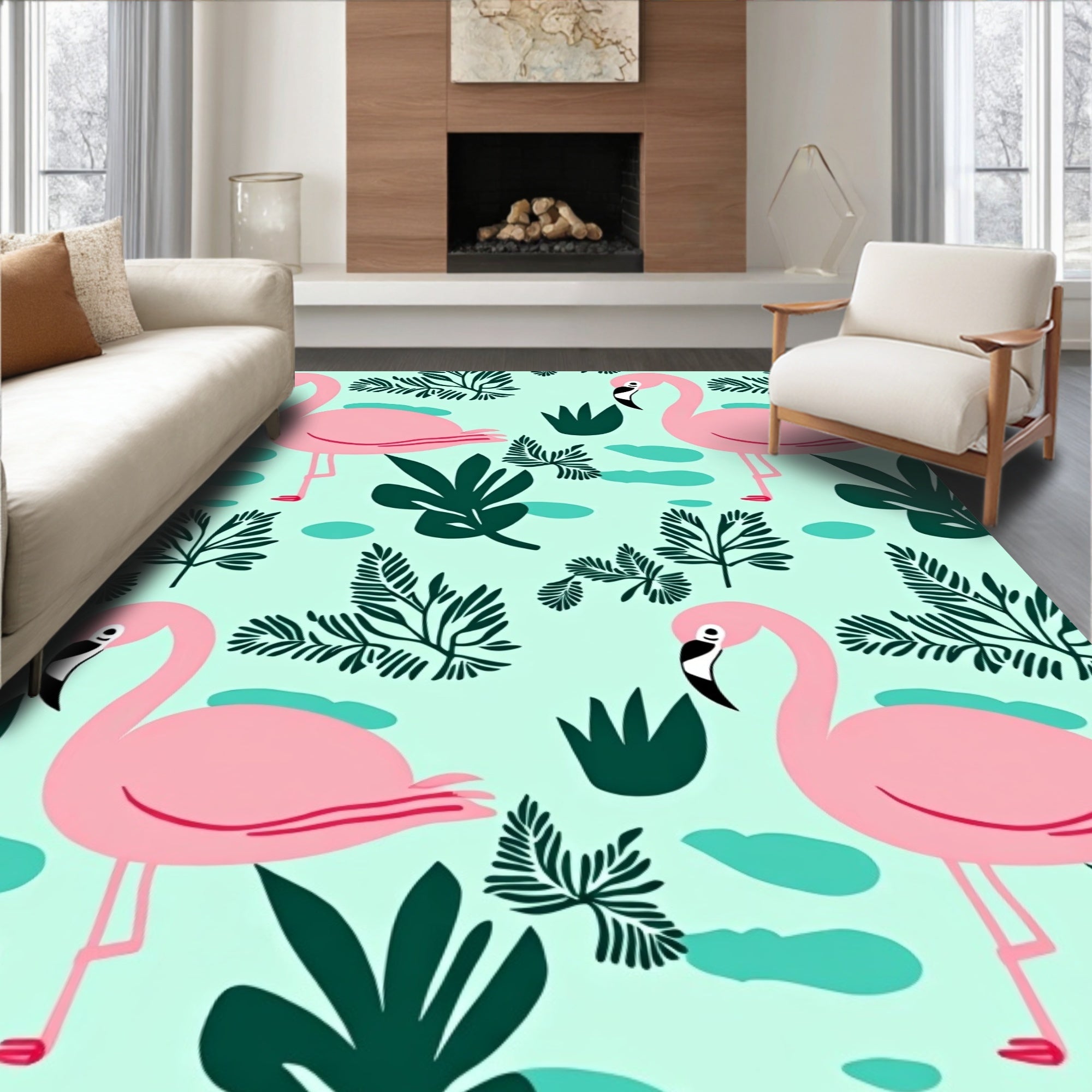Playful Pink Flamingos Tropical Foliage Rug