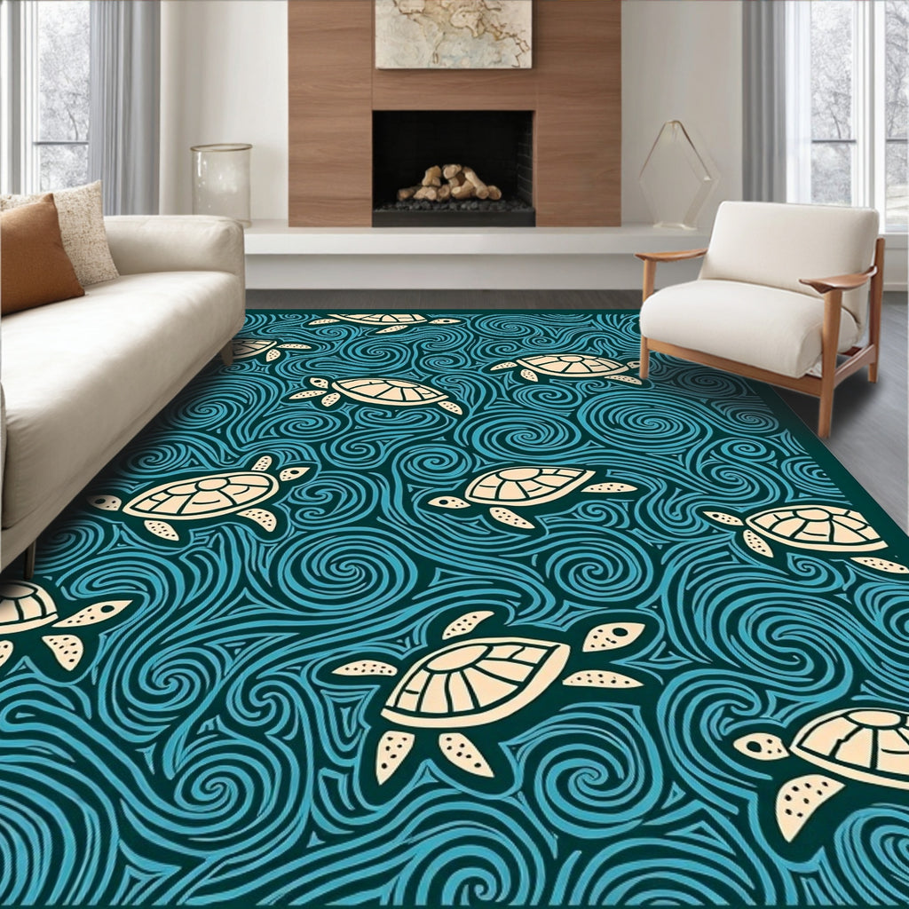 Turtles Amidst Teal Swirling Waves Rug
