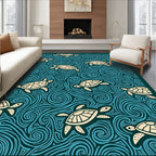 Turtles Amidst Teal Swirling Waves Rug
