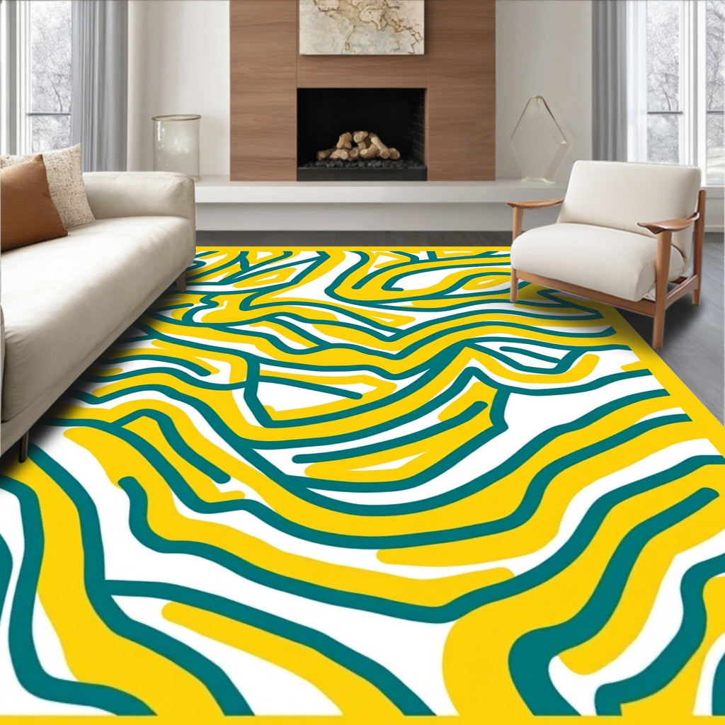 Dynamic Yellow Teal Abstract Swirl Rug