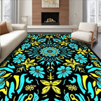 Cyan Yellow Floral Butterfly Mandala Rug