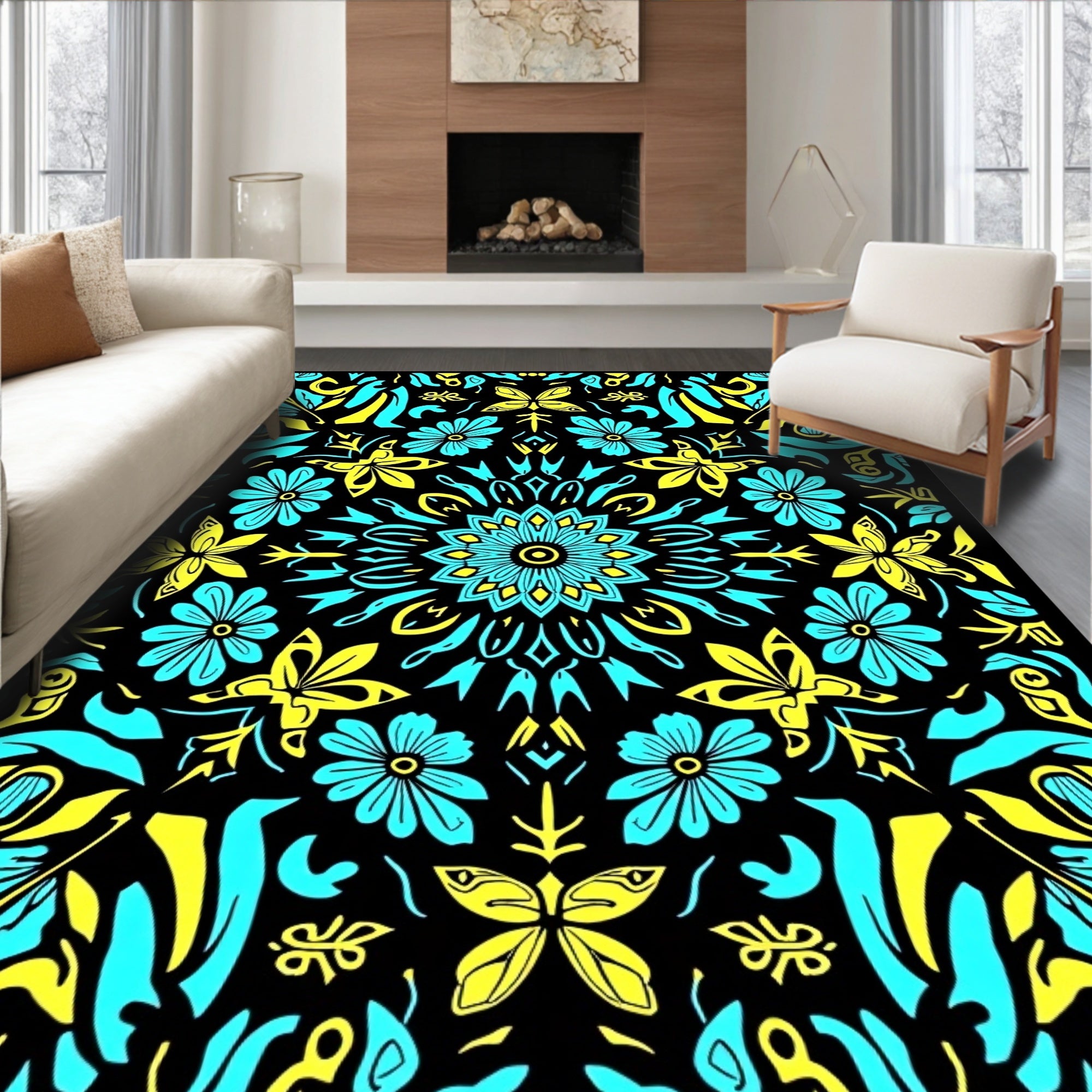 Cyan Yellow Floral Butterfly Mandala Rug