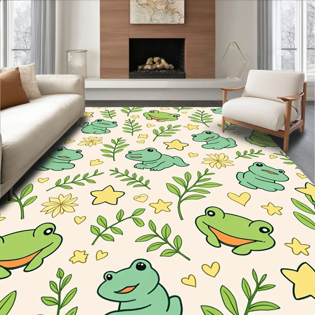 Playful Green Frogs Starry Branches Rug