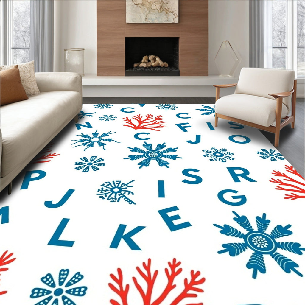 Red Coral Blue Snowflake Alphabet Rug