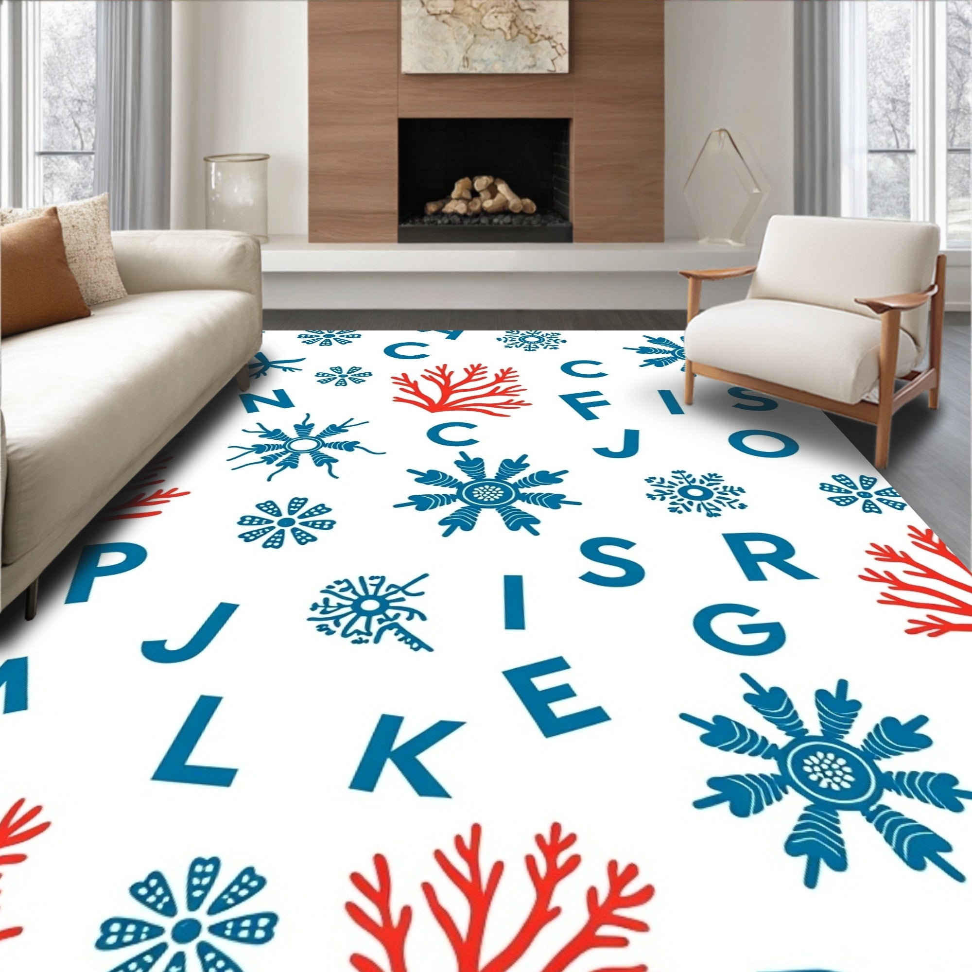 Red Coral Blue Snowflake Alphabet Rug