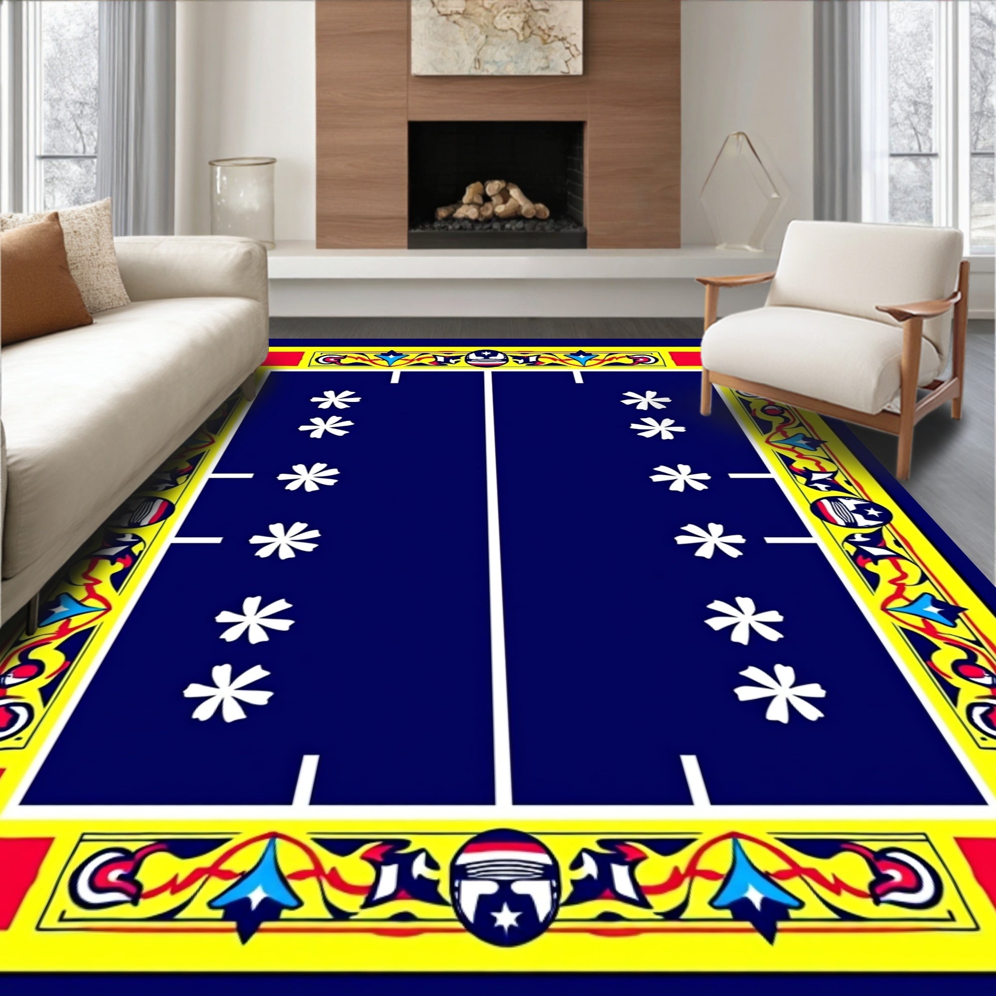 Vibrant Blue Red Yellow Star Border Rug
