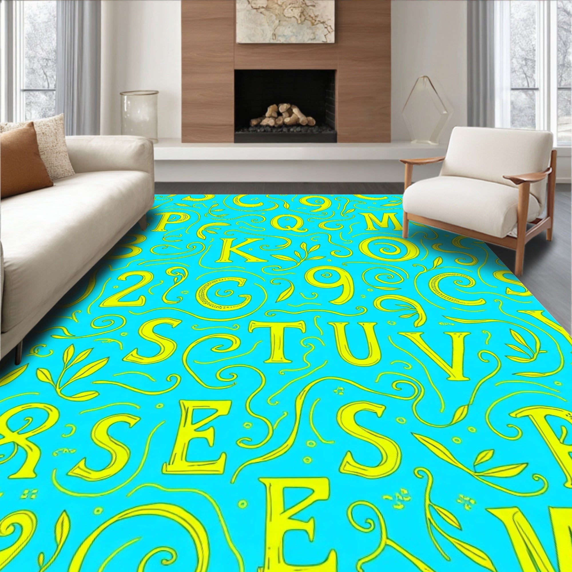 Yellow Alphabet Swirls on Aqua Background Rug