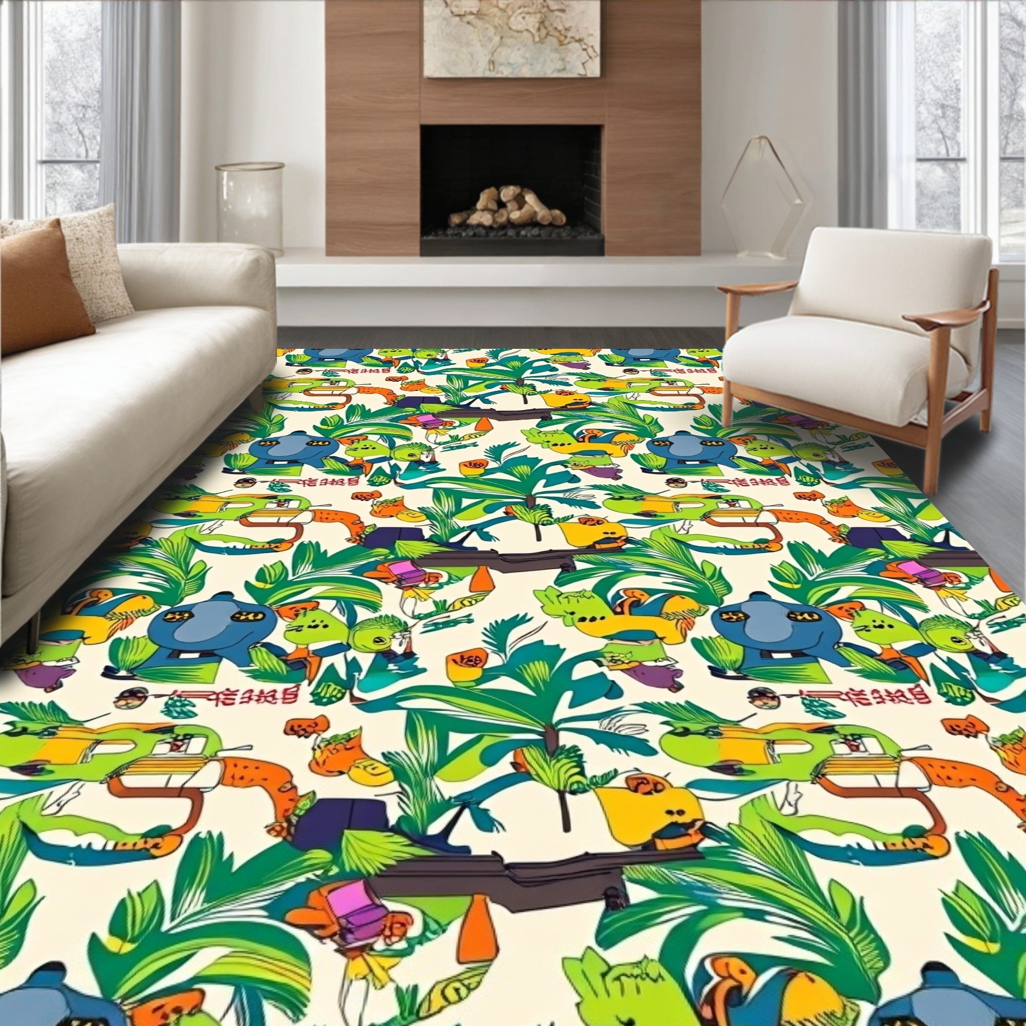 Whimsical Green Tropical Creature Cartoon Rug