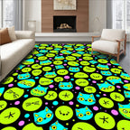 Bright Teal Cats Green Faces Black Background Rug