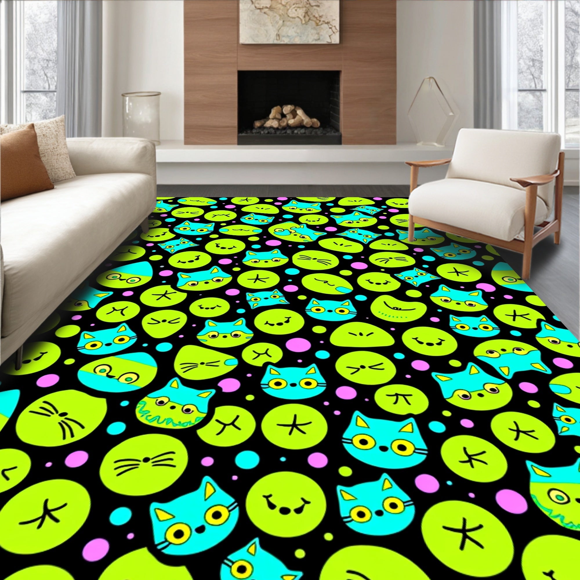 Bright Teal Cats Green Faces Black Background Rug