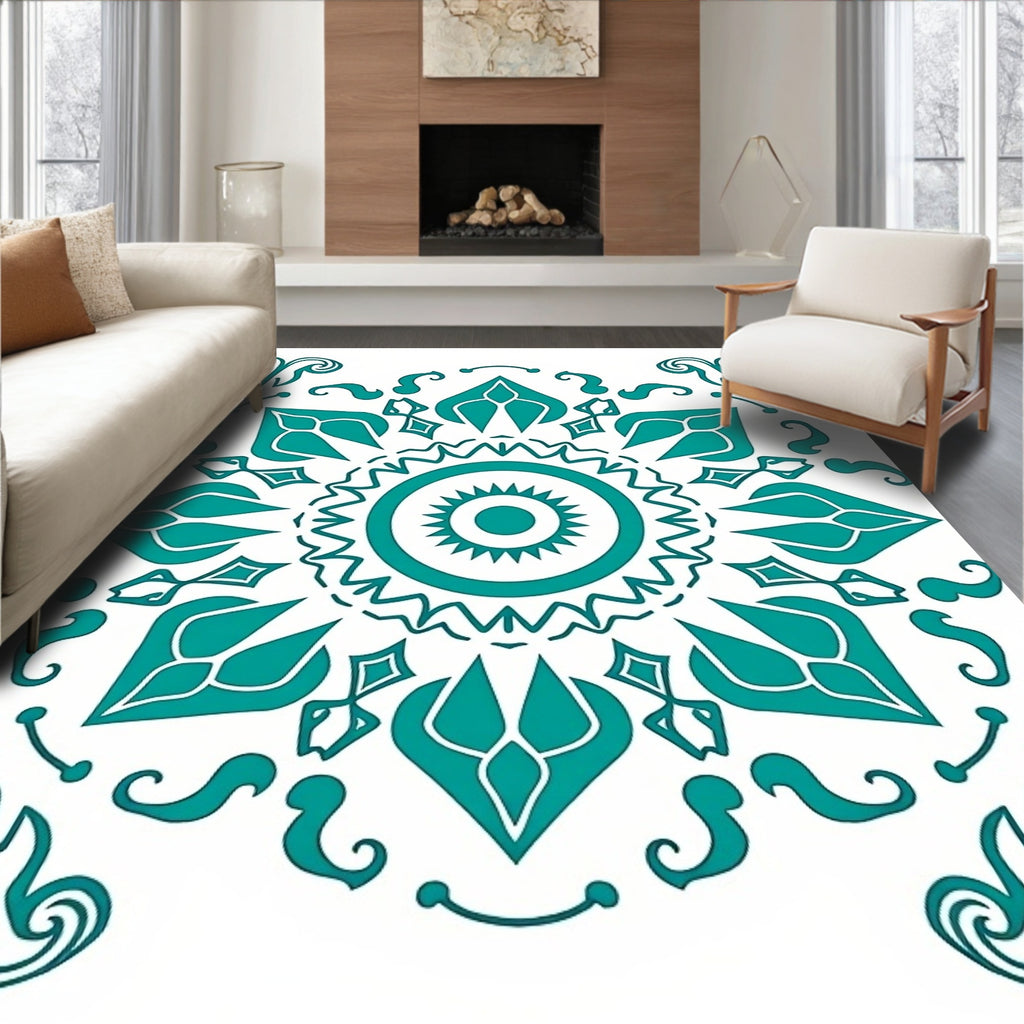Teal Medallion Radial Baroque Swirls Rug