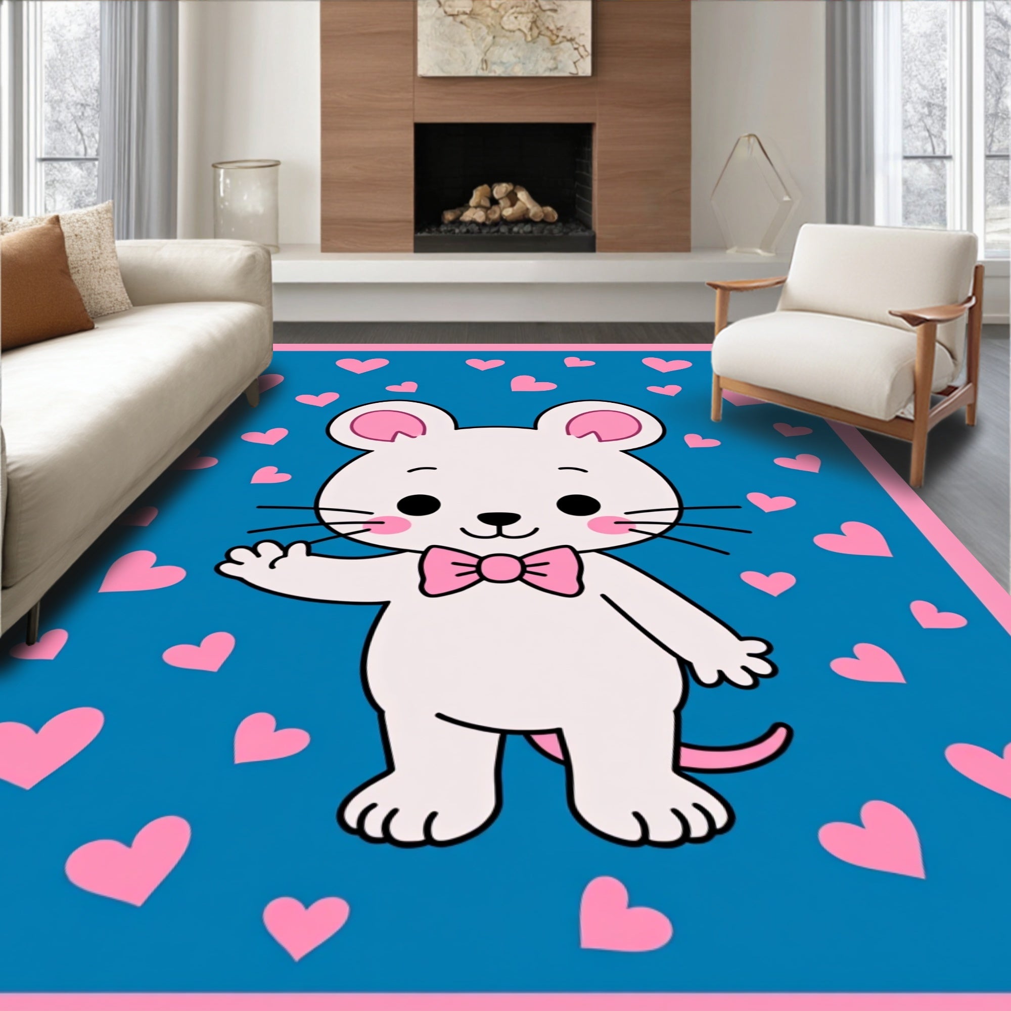 Cute White Mouse Pink Hearts Rug