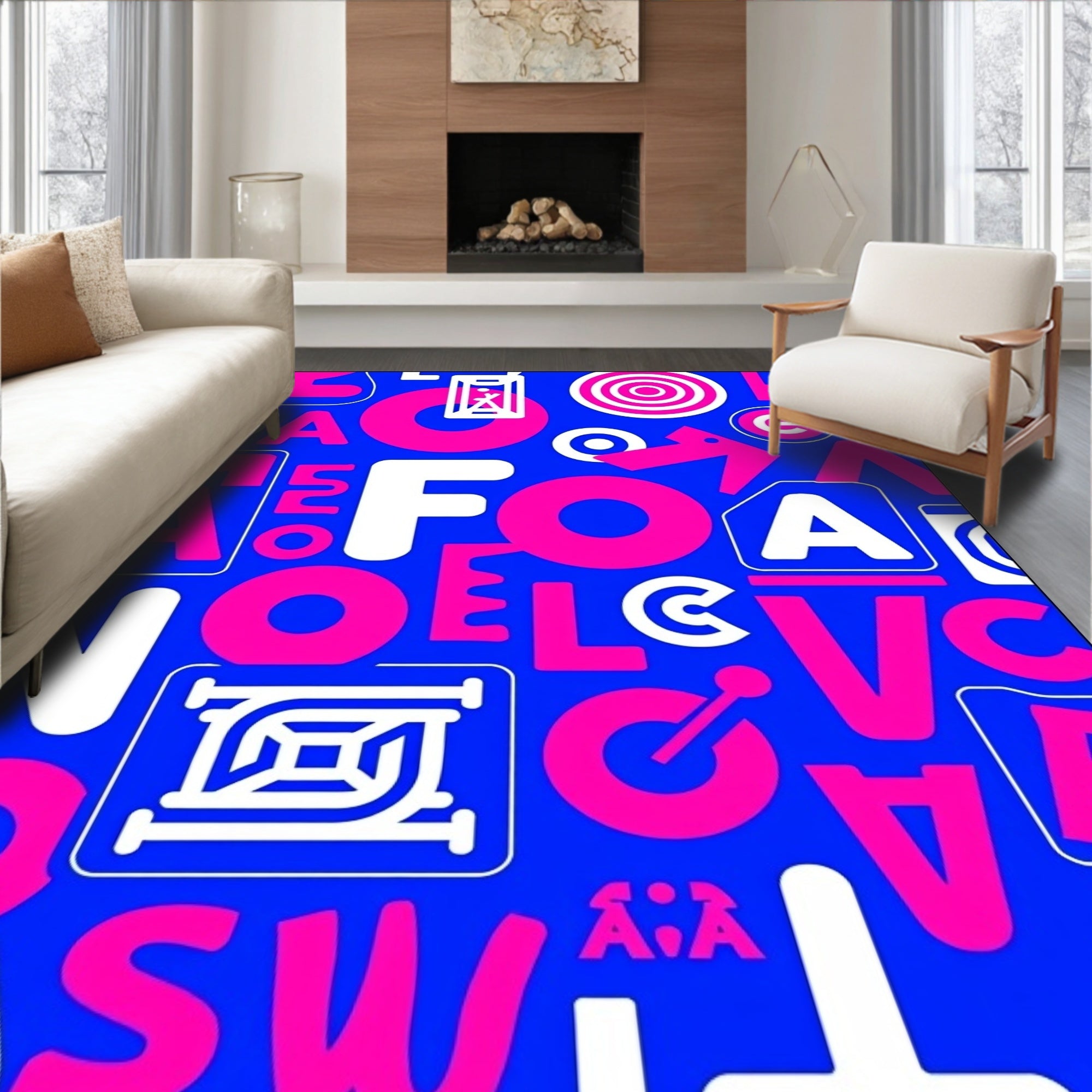 Bold Blue Pink Typographic Collage Rug