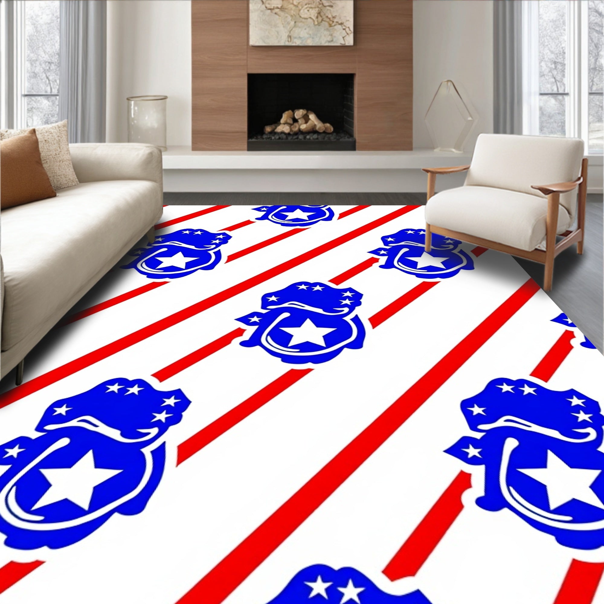 Red Diagonal Stripe Blue Star Emblem Rug
