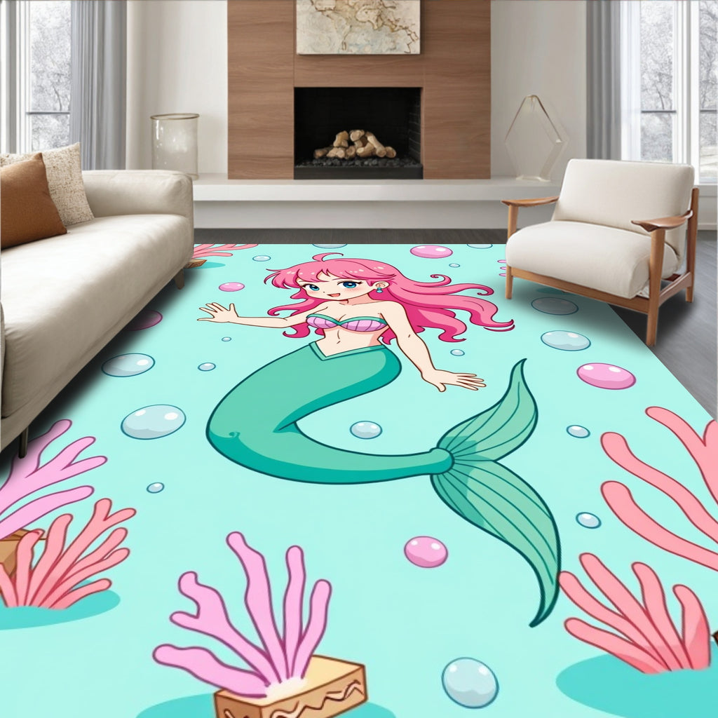 Coral Pink Mermaid Undersea Bubbles Rug