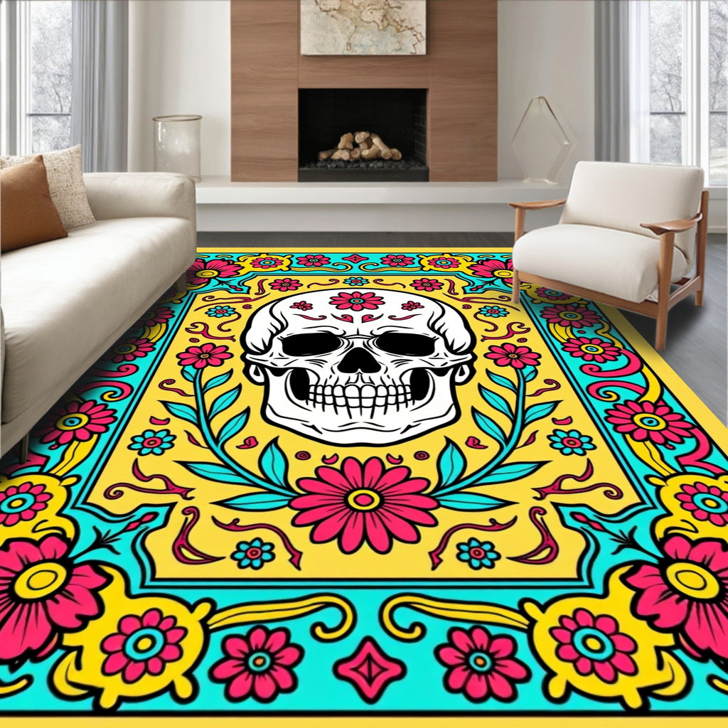 Vibrant Skull Floral Frame Rug
