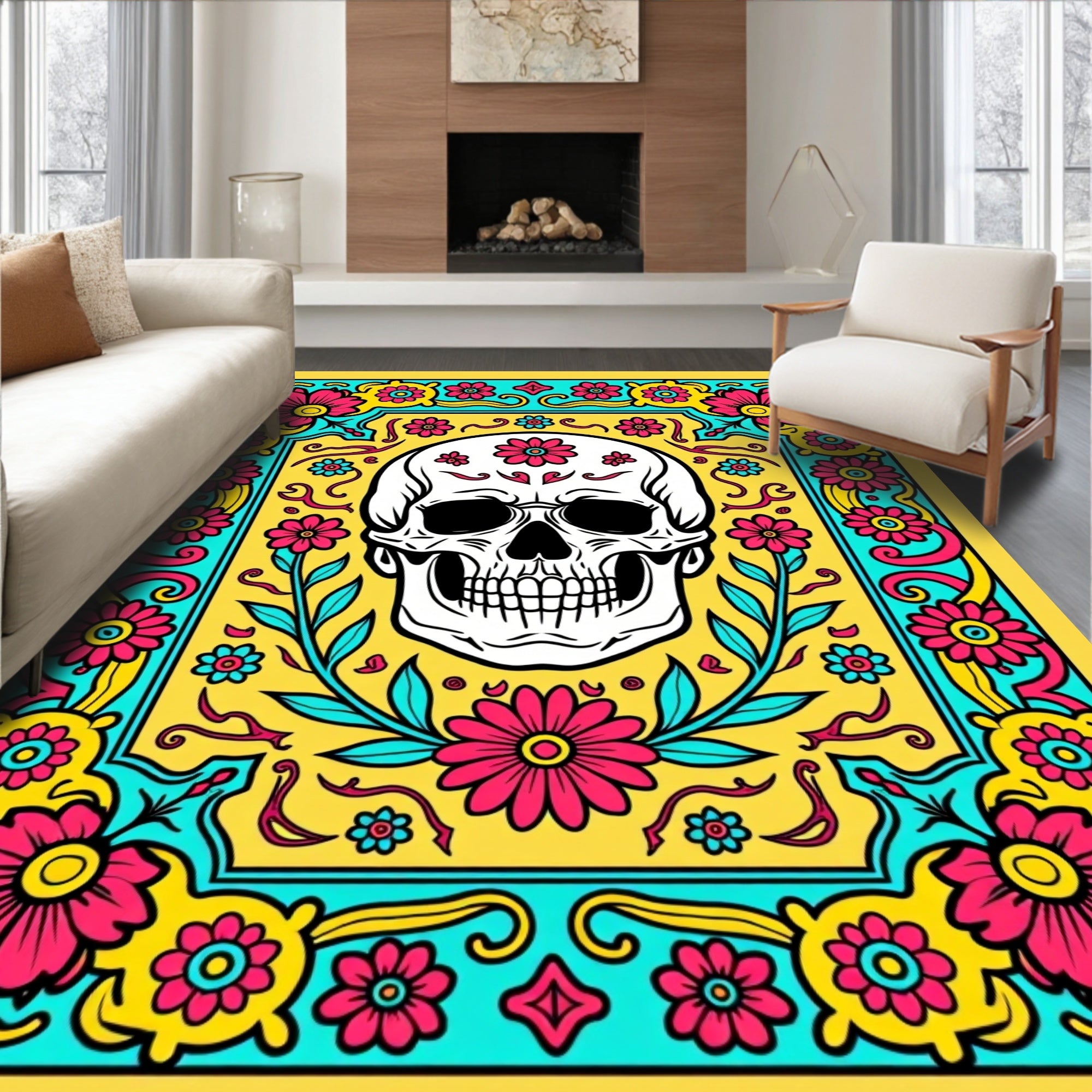 Vibrant Skull Floral Frame Rug