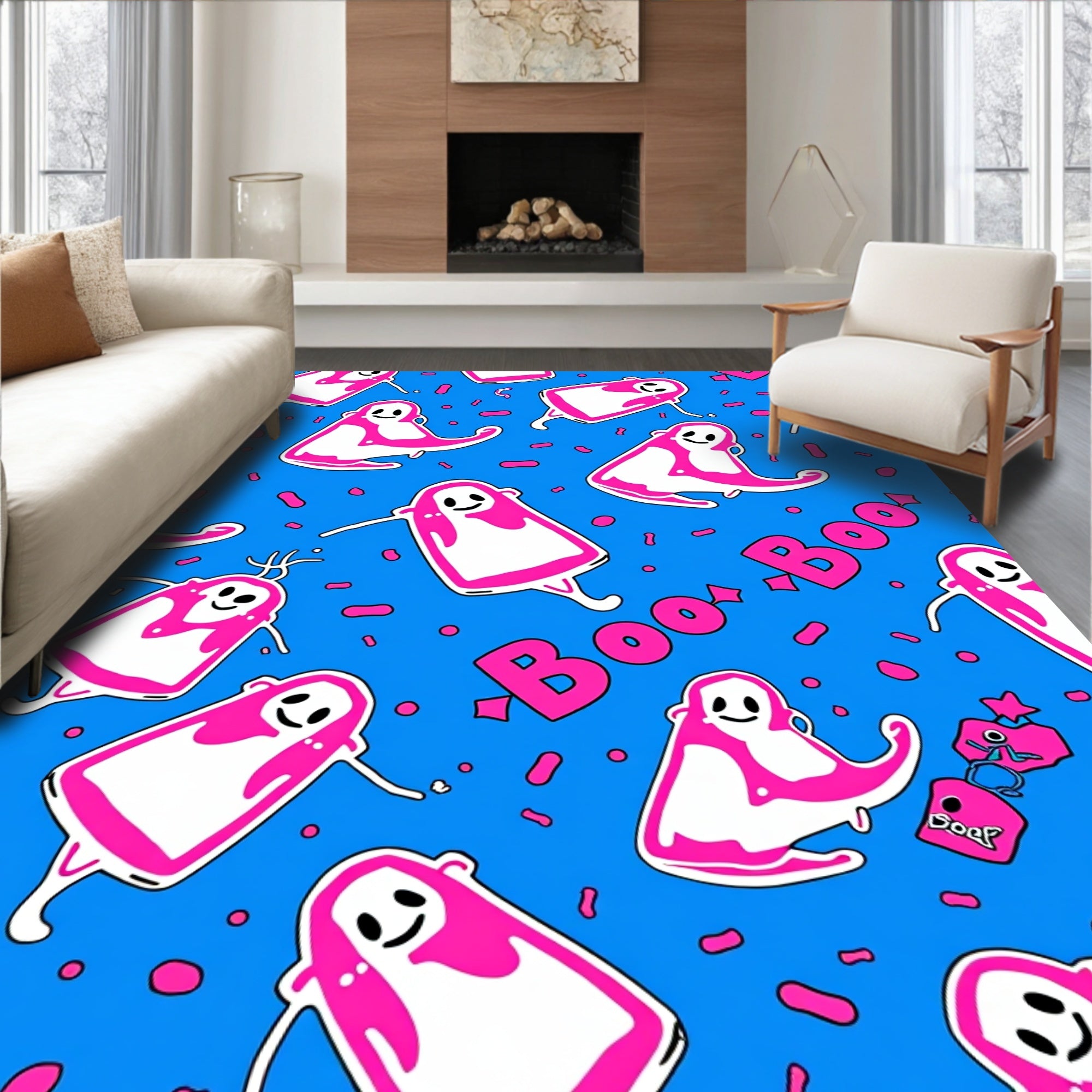 Pink Ghost Boo Blue Sprinkle Rug