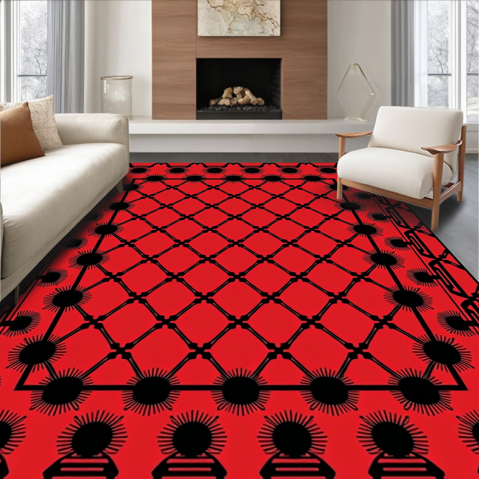 Crimson Black Sunburst Geometric Lattice Rug