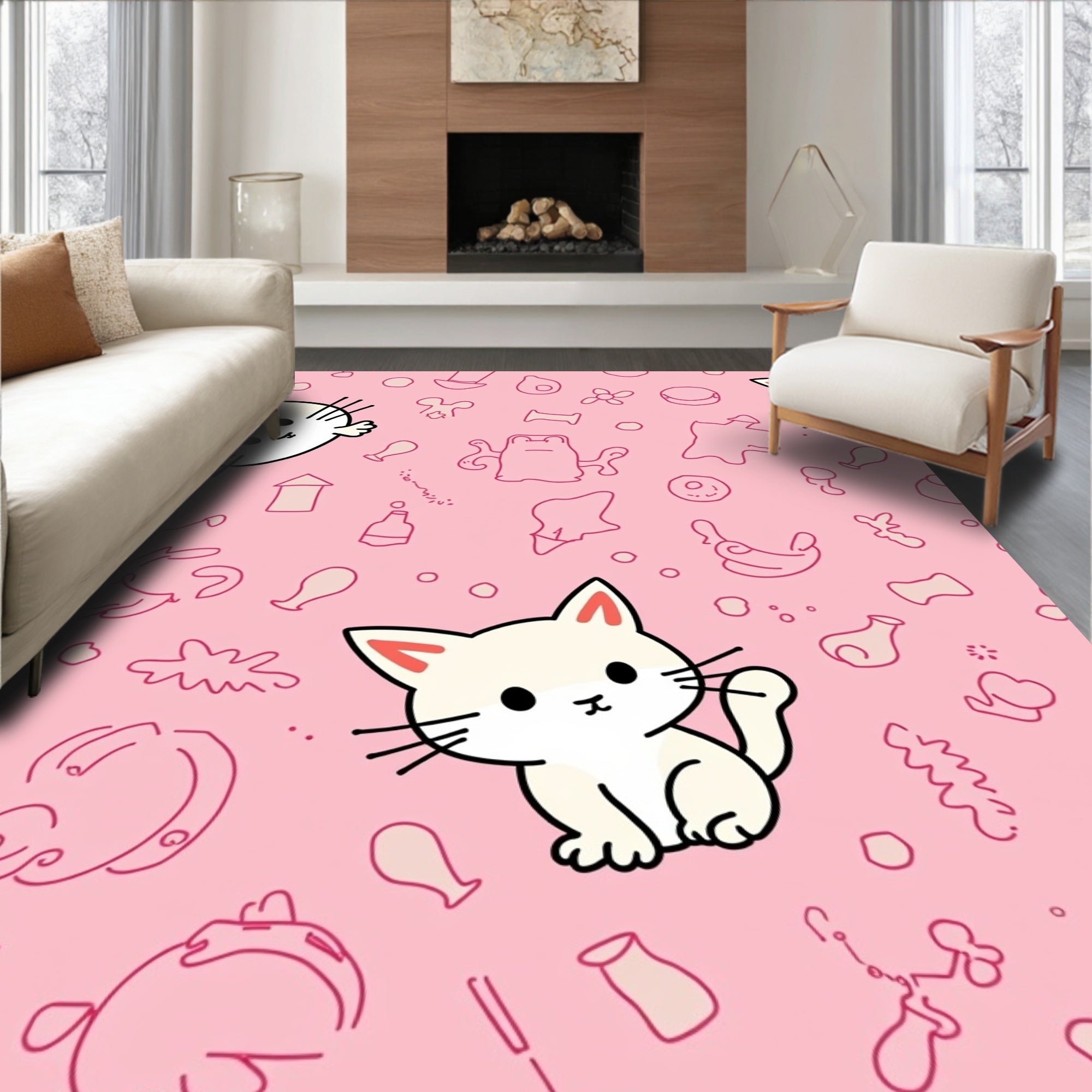 Cute Pink Kitten Scattered Line Art Rug
