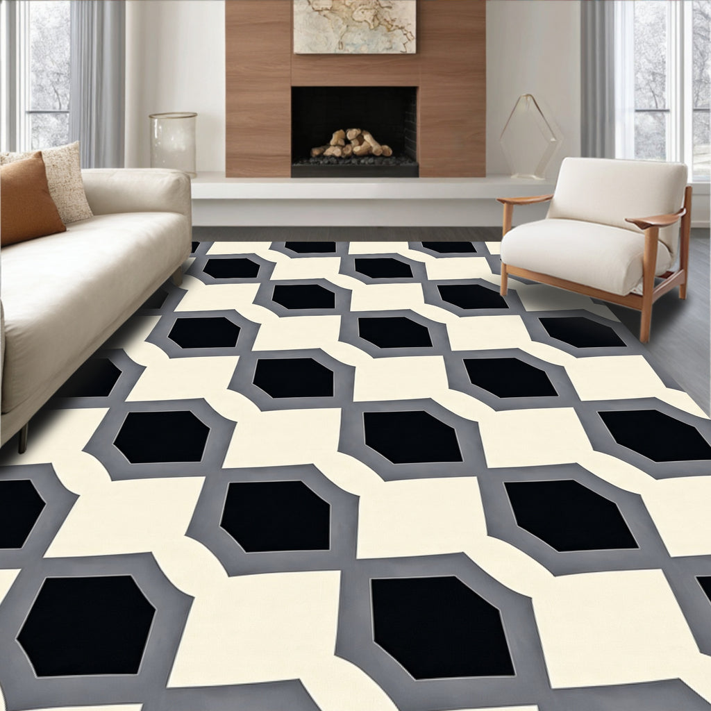 Modern Cream Black Octagon Grid Rug
