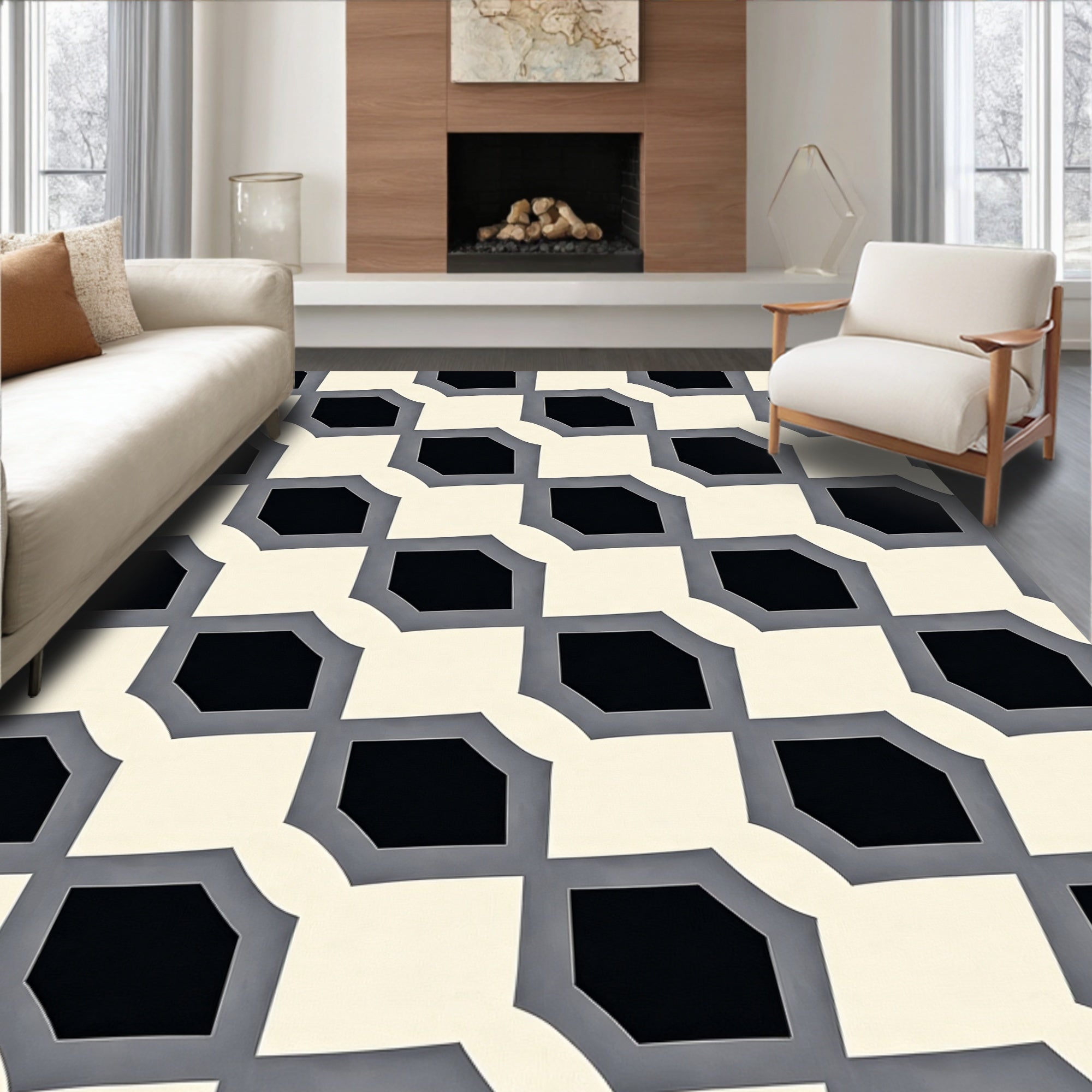 Modern Cream Black Octagon Grid Rug