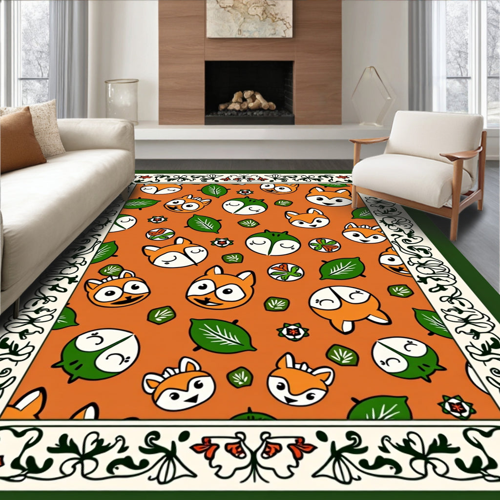 Whimsical Fox Faces Orange Green Border Rug
