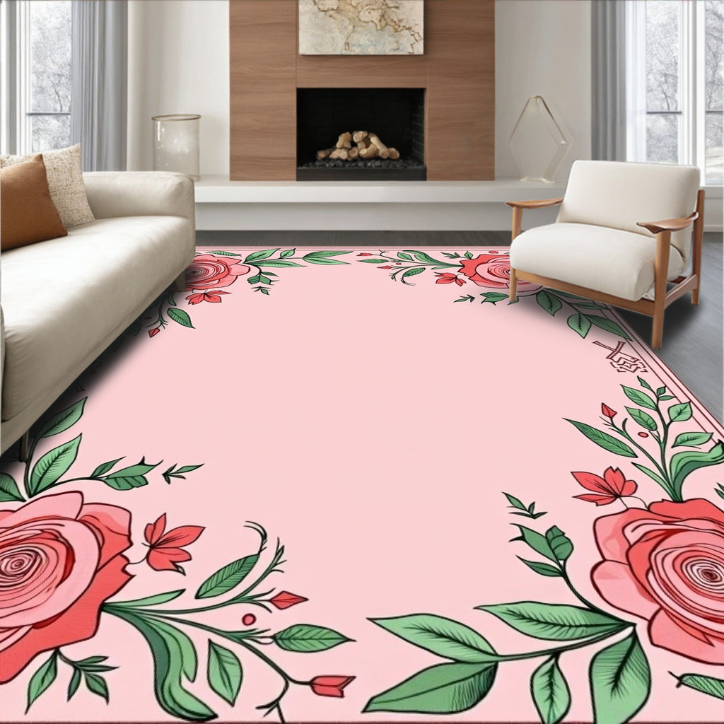Coral Rose Vine Border Rug