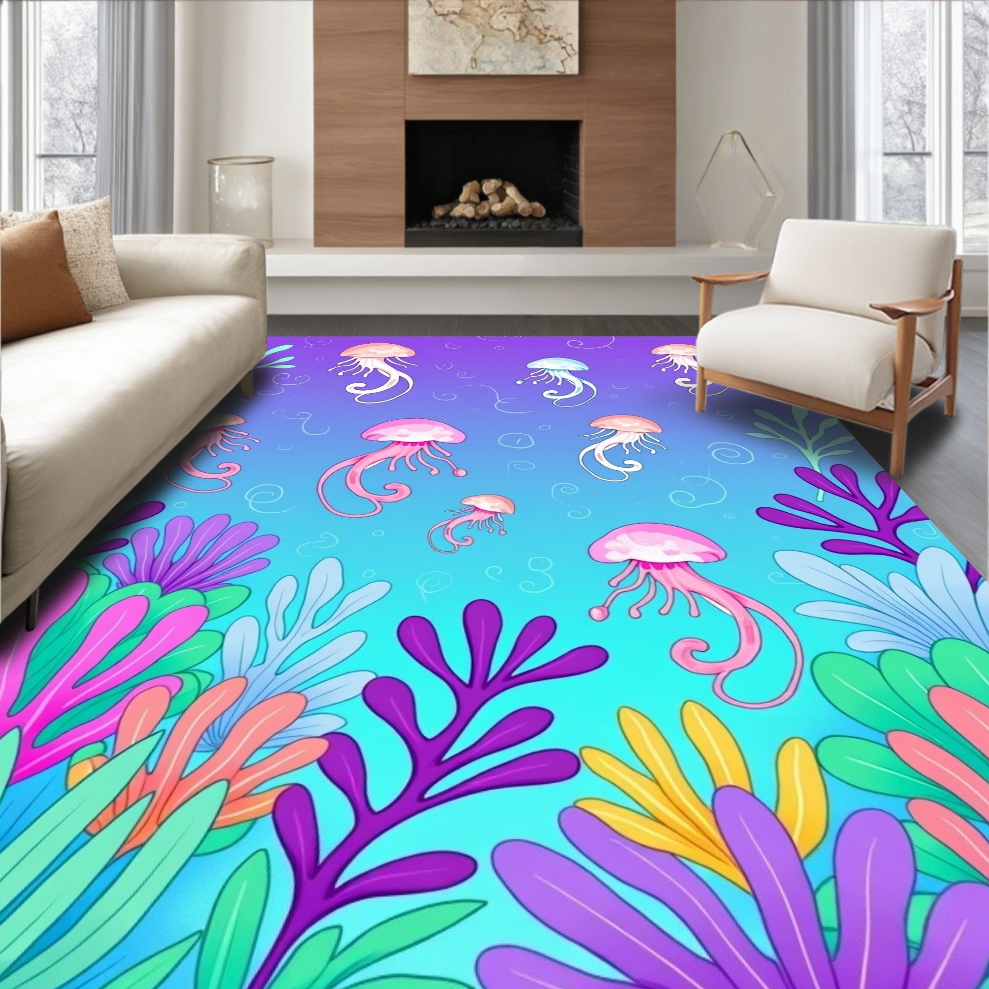 Shimmering Jellyfish And Coral Reef Rug