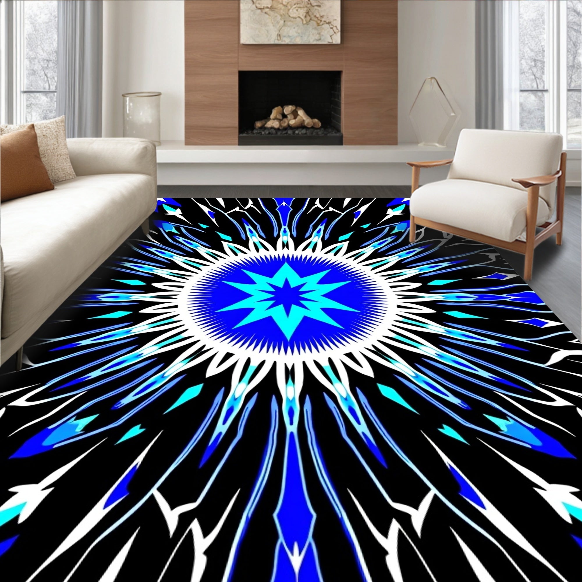 Electric Blue Starburst Kaleidoscope Rug
