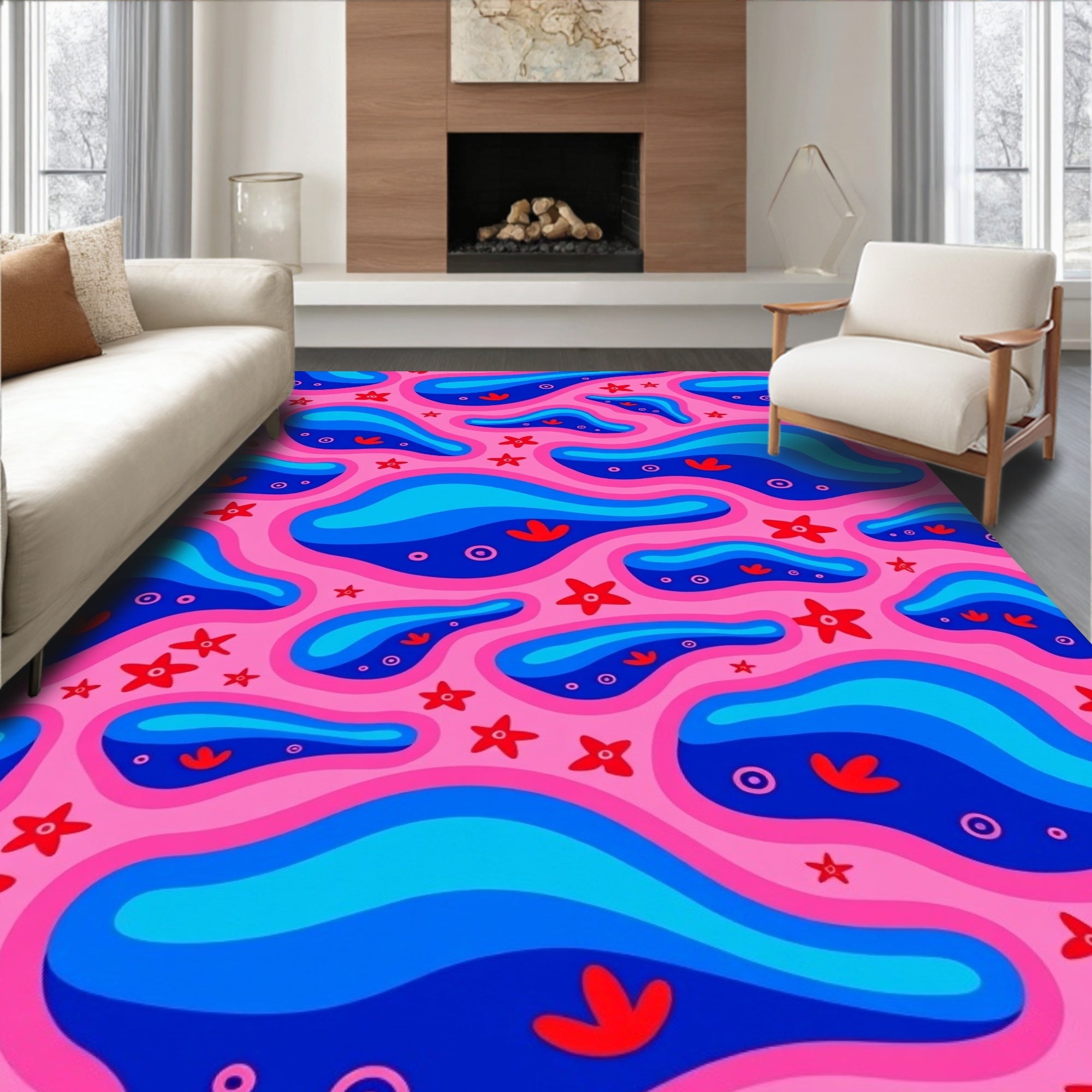 Retro Pink Blue Abstract Blob Stars Rug
