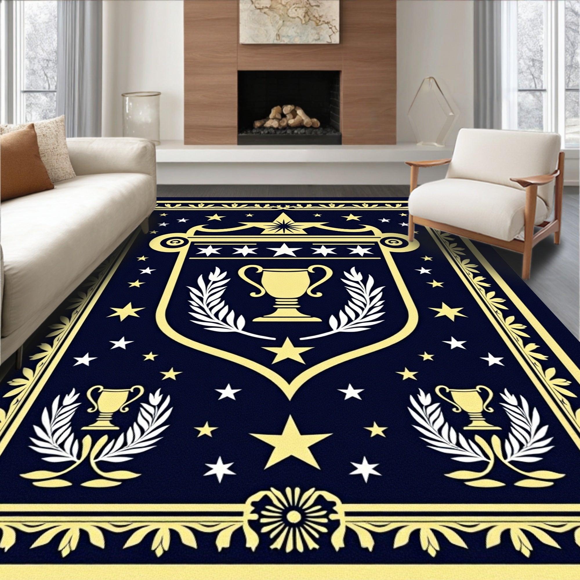 Golden Trophy Crest Navy Star Rug