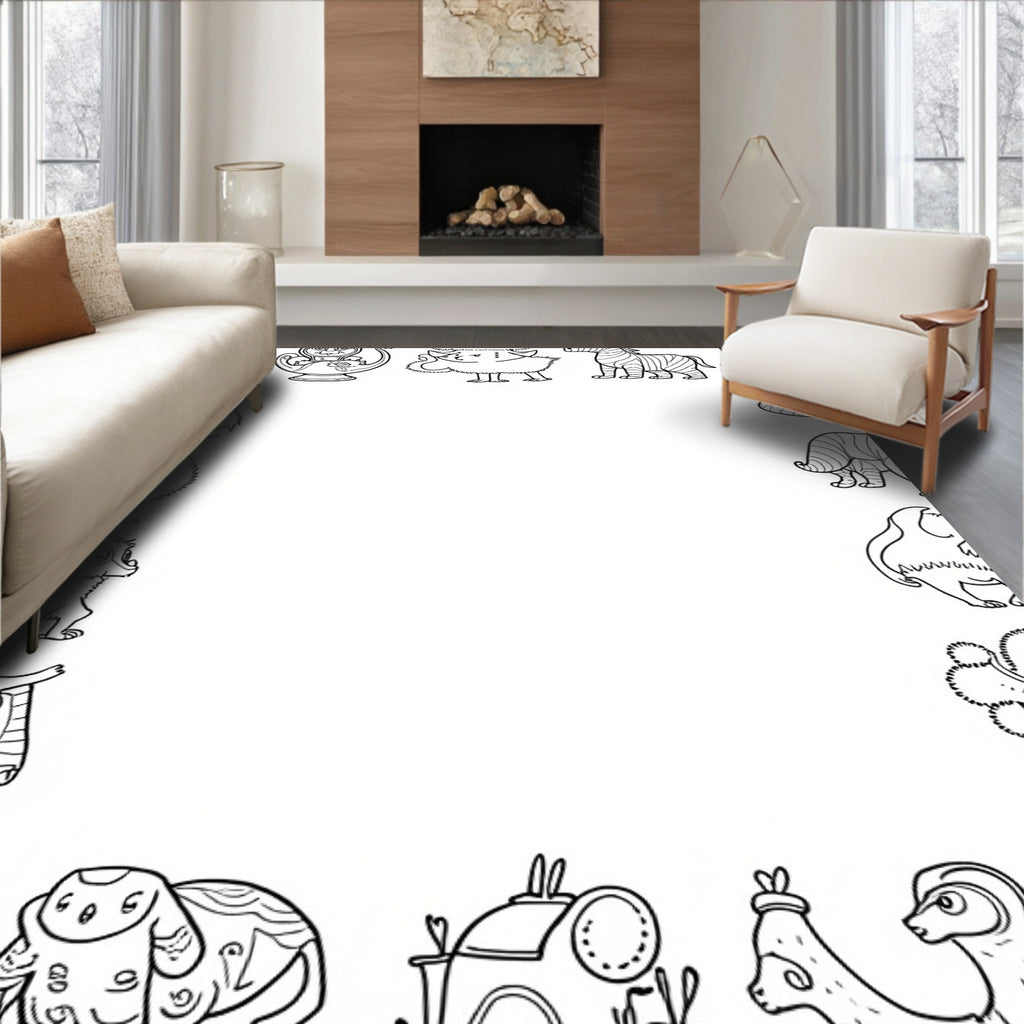 Whimsical Creature Border Monochrome Illustration Rug