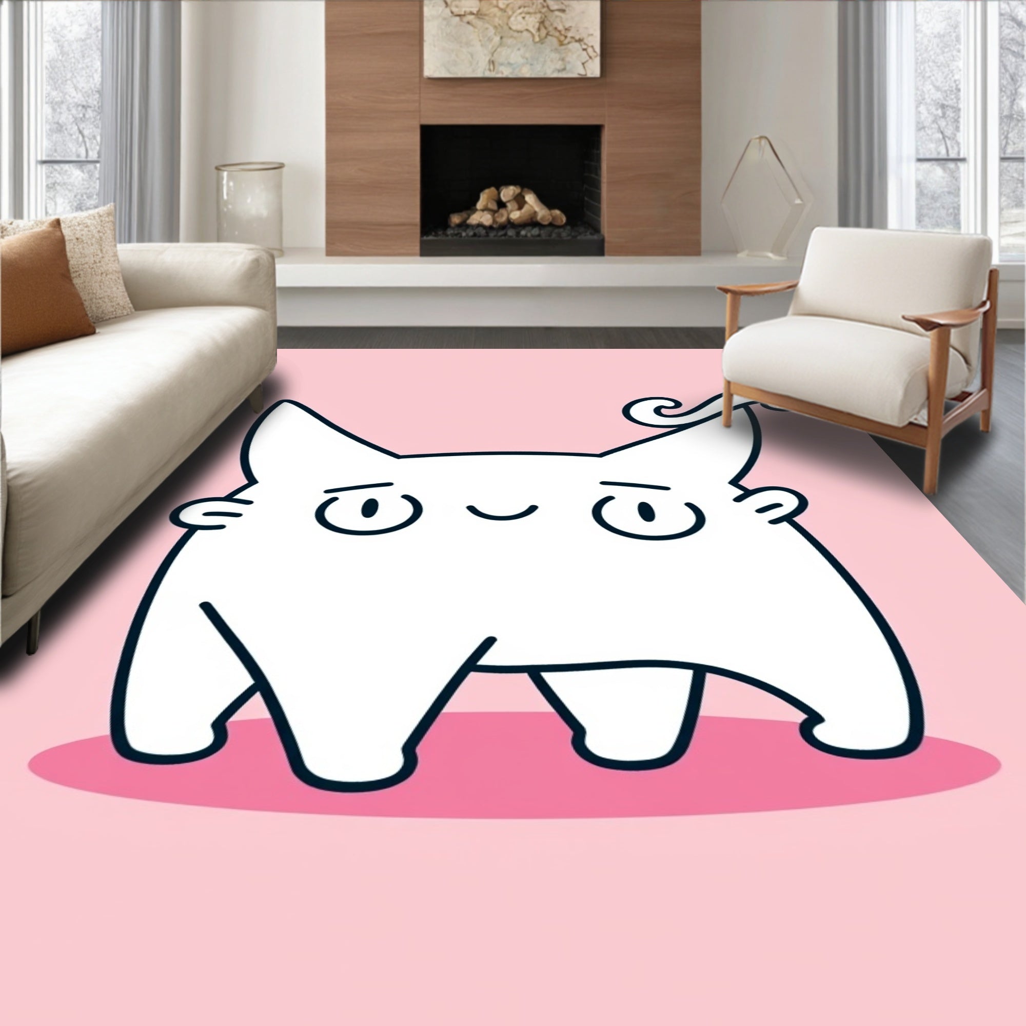 Whimsical White Creature Pink Swirl Rug