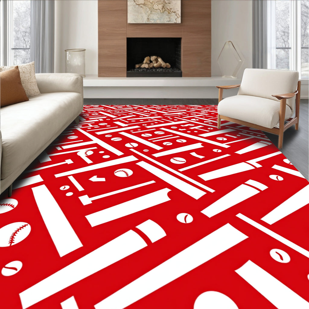 Red White Baseball Bats Balls Rug
